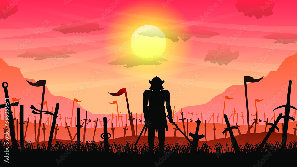 Ninja Samurai With Sword On Battlefield Orange Background Vector