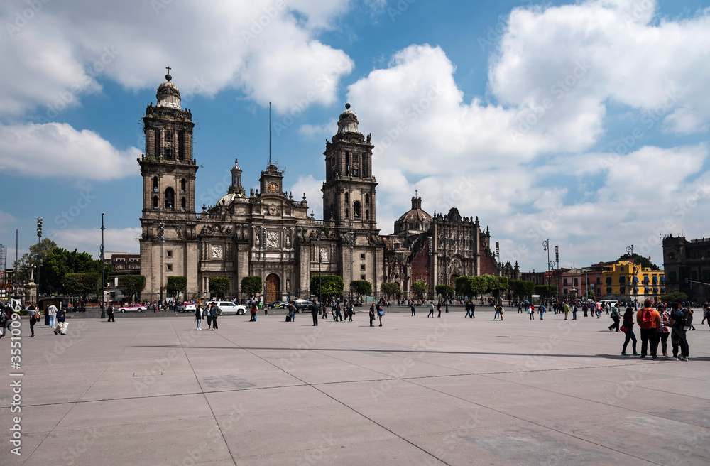 Zocalo, central square of Mexico City, people walking, Cathedral background