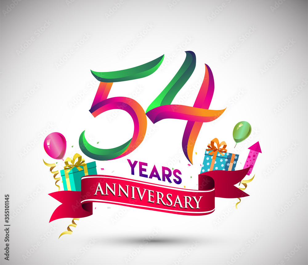 Fototapeta premium 54th Anniversary Celebration Design, with gift box and balloons, Red ribbon, Colorful Vector template elements for birthday celebration party.