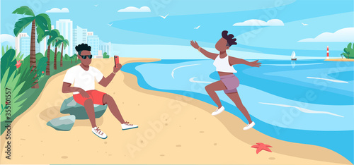 Friends taking photo at sandy beach flat color vector illustration