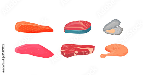 Raw meat and fish cartoon vector illustrations set