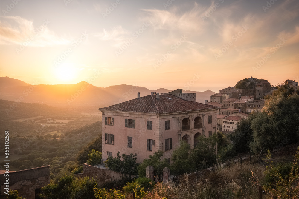 Sunset over the village of Belgodere in Corsica