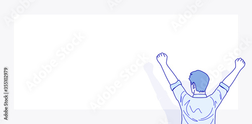 Business man posing hooray gesture in front of blank board.  Raising his hands to show cheerful expression of success, editable drawing vector illustration