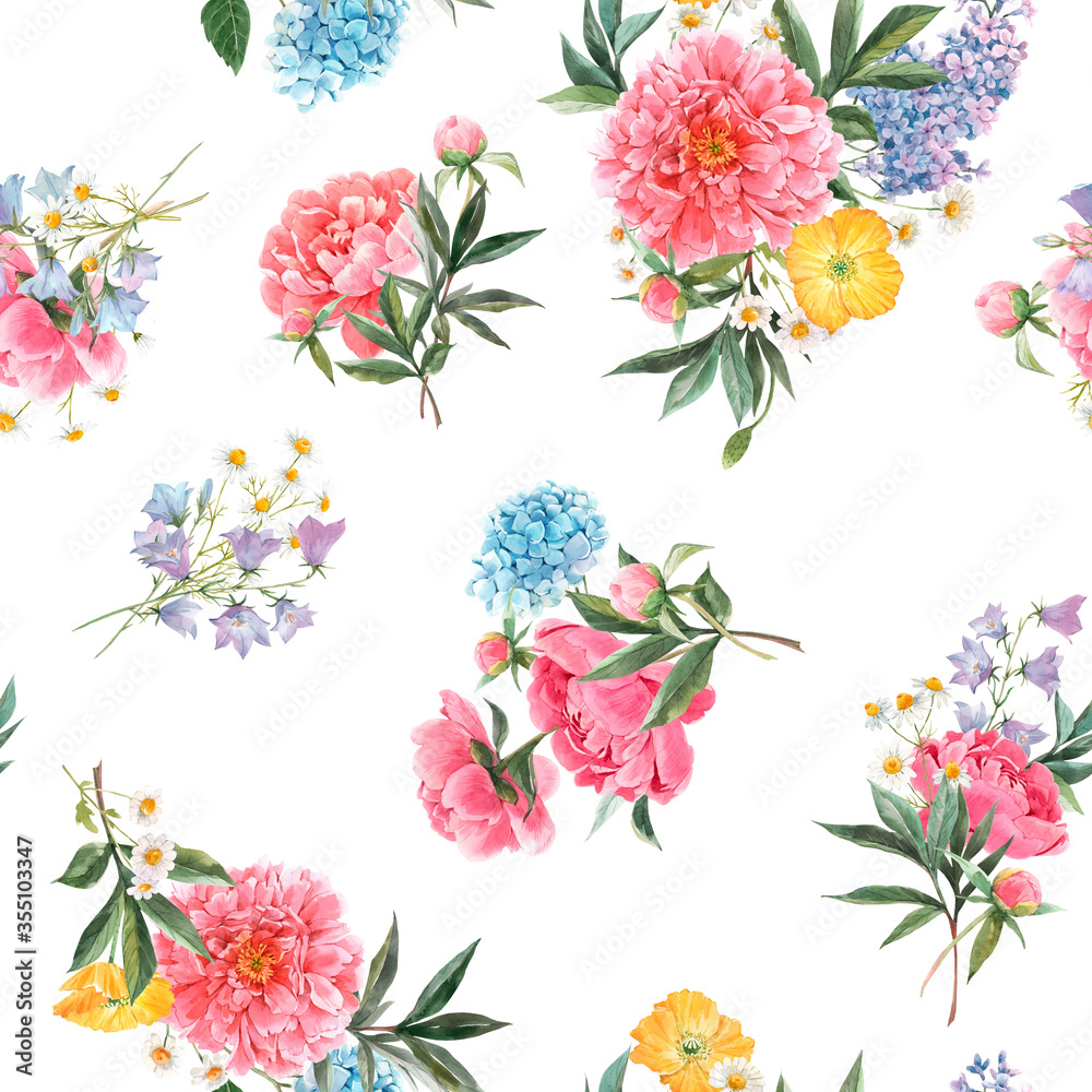 Beautiful seamless floral pattern with watercolor pink peony and other summer flowers. Stock illustration.