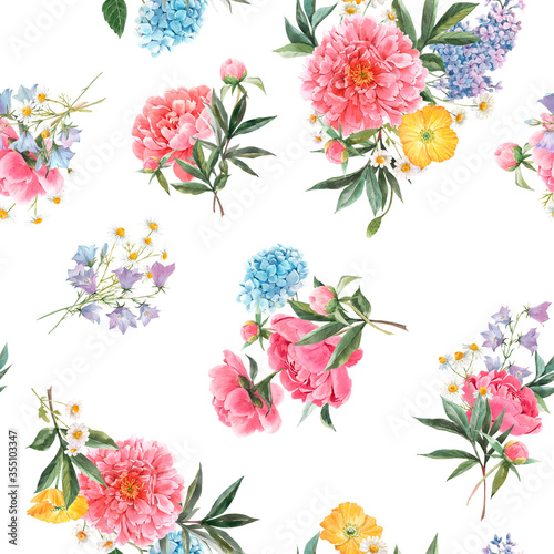 Fototapeta Naklejka Na Ścianę i Meble -  Beautiful seamless floral pattern with watercolor pink peony and other summer flowers. Stock illustration.