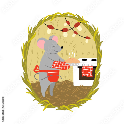 Grey mouse in apron cooking pie in cosy burrow with mushroom garlands