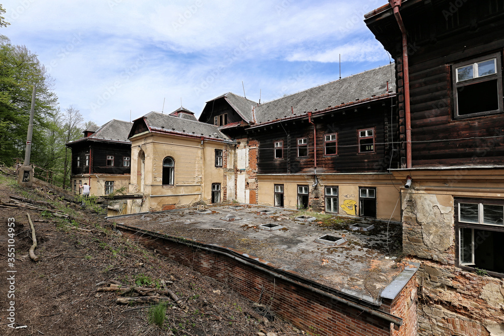 Large abandoned baths Janske-koupele building with wooden top Large abandoned baths Janske-koupele building with wooden top