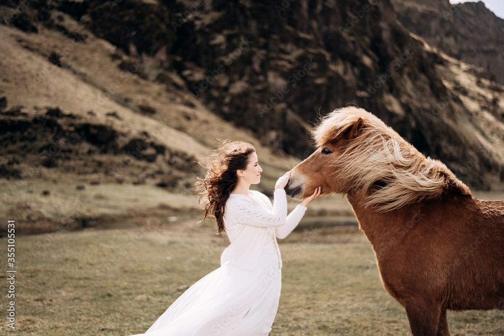 A bride in a white dress strokes a horse's nose. Hair and mane develop in the wind. Destination Iceland wedding photo session with Icelandic horses Photos | Adobe Stock A Bride In A White Dress Strokes A Horse'S Nose. Hair And Mane Develop In The Wind. Destination Iceland Wedding Photo Session With Icelandic Horses Photos | Adobe Stock