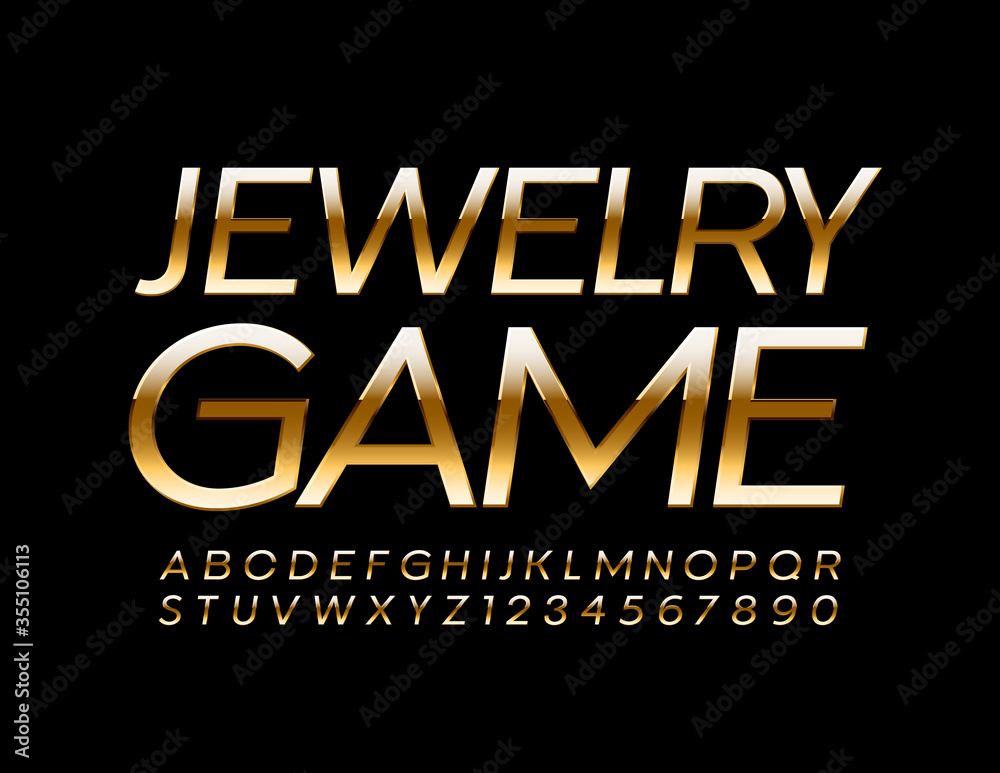 Vector elegant sign Jewelry Game with Luxury Gold Font. Elite Alphabet Letters and Numbers Vector elegant sign Jewelry Game with Luxury Gold Font. Elite Alphabet Letters and Numbers