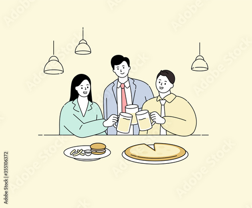 Cheers, businessman and businesswoman, dining together illustration set. drink beer, food, restaurant, eating out Vector drawing. Hand drawn style.