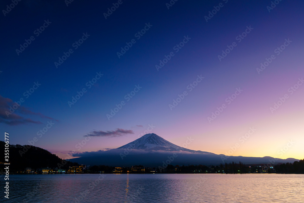 Twilight at Mount Fuji from lake Kawaguchi, Japan.