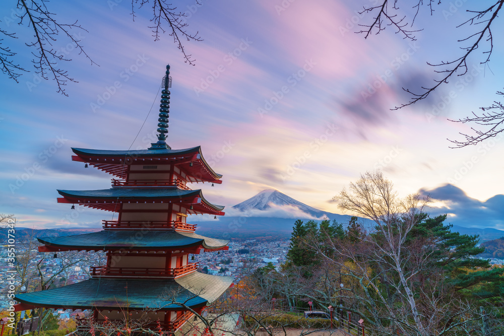 Twilight at mount Fuji with Chureito pagoda, Japan.