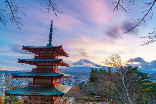 Twilight at mount Fuji with Chureito pagoda  Japan.