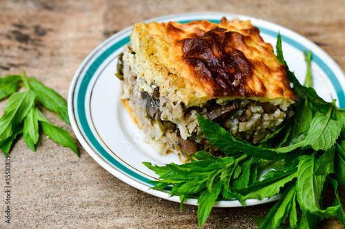  Potato shepherd s pie.  Potato and minced meat  Casserole  with   parmesan cheese and garlic on wooden rustic bakcgound. 