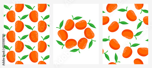 Vector set of seamless patterns with ripe mango. Vivid color prints for fabric or wallpaper with fresh and juicy fruits