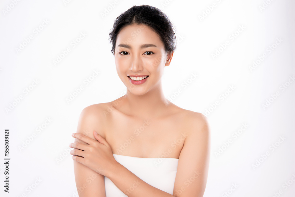 Beautiful Young Asian Woman touching her body with fresh Healthy Skin, isolated on white background, Beauty Cosmetics and Facial treatment Concept Beautiful Young Asian Woman touching her body with fresh Healthy Skin, isolated on white background, Beauty Cosmetics and Facial treatment Concept
