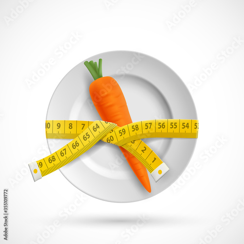 Measuring tailor tape is wrapped around a plate with carrot vegetable