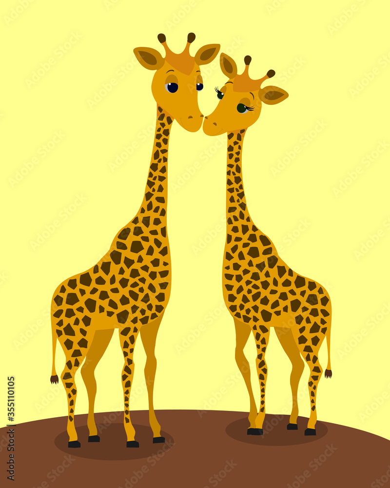 Two cute giraffes are happy because they are in love with each other. Isolated on yellow background Two cute giraffes are happy because they are in love with each other. Isolated on yellow background