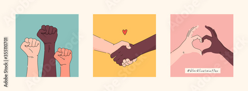 Black lives matter hand drawn poster, card collection. Hashtag blm stylised set. Black and white hands together concept. Campaign against racial discrimination of dark skin color. Vector Illustration.