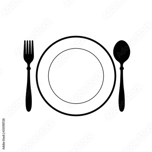 Vector illustration of plate, spoon and fork icon. Symbol for food, restaurant, cafe, cutlery, dinner, canteen.