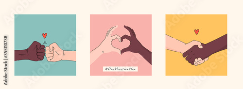 Black lives matter hand drawn poster, card collection. Hashtag blm stylised set. Black and white hands together concept. Campaign against racial discrimination of dark skin color. Vector Illustration.