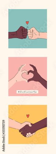Black lives matter hand drawn poster, card collection. Hashtag blm stylised set. Black and white hands together concept. Campaign against racial discrimination of dark skin color. Vector Illustration.