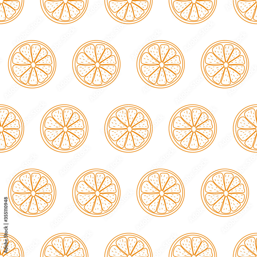 Seamless pattern with sliced pieces of citrus fruit. The simple backdrop of tropical orange. Stock vector illustration. Ideas for modern creative designs of backgrounds, cards, print, packing, textile