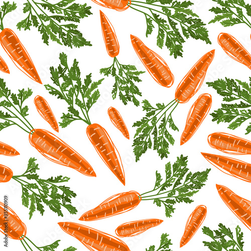 Seamless background with carrots. Orange carrots drawn by hand with green foliage scattered in a chaotic order on a white background. Vector illustration isolated for design and web.
