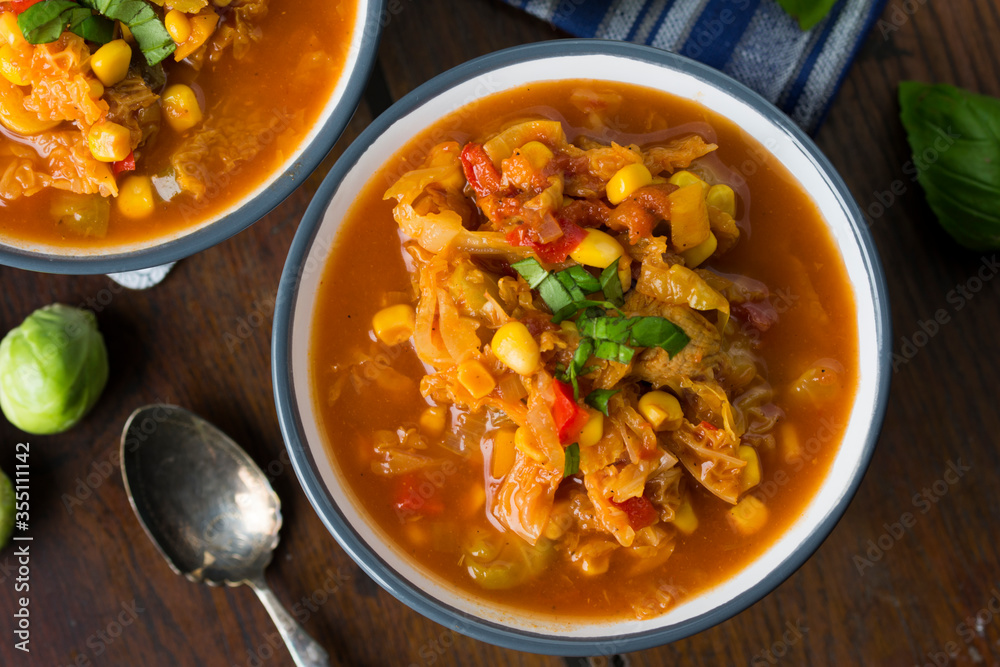 Soup with cabbage, brussel sprouts, sweet corn, pepper and tomatoes. Lecho. Soup with cabbage, brussel sprouts, sweet corn, pepper and tomatoes. Lecho.