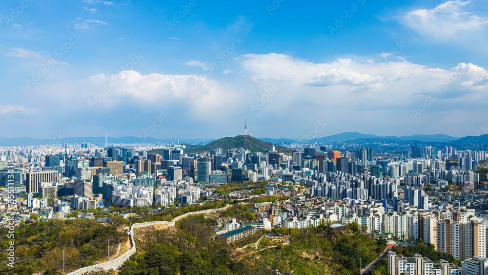 Cityscape Seoul . Aerial view of Nansan Seoul Tower and lotte tower. Viewpoint from Inwangsan mountain best landmark of Seoul , South Korea Cityscape Seoul . Aerial view of Nansan Seoul Tower and lotte tower. Viewpoint from Inwangsan mountain best landmark of Seoul , South Korea
