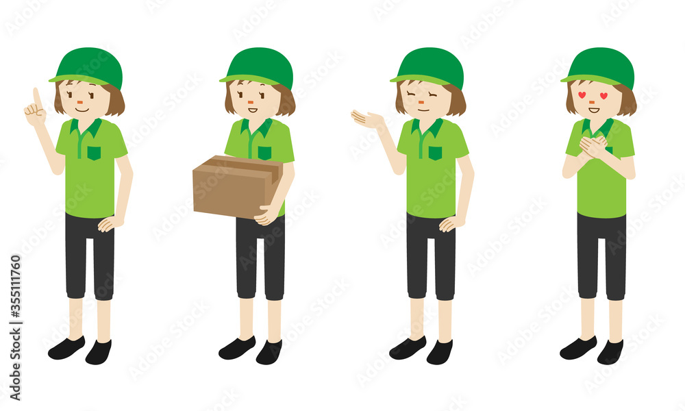 Illustration set of 4 poses of Courier delivery woman standing Illustration set of 4 poses of Courier delivery woman standing
