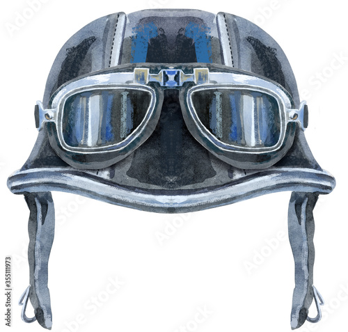 Watercolor black biker helmet with sunglasses with metal accents