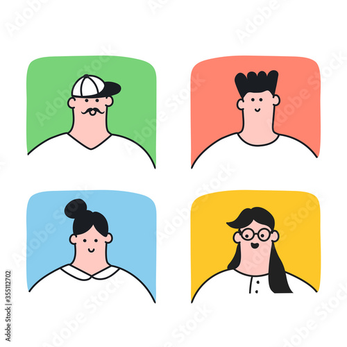 Chat bubbles with faces profiles of cute cartoon characters. Different cheerful people, men and women in light design style. Flat cute clean vector illustration on white isolated background