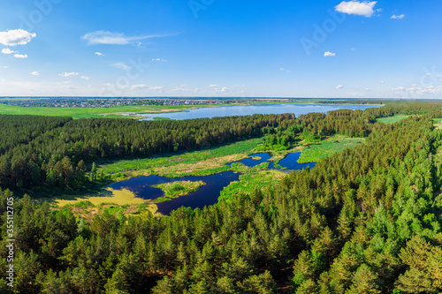 Aerial view of forest lake ...