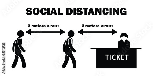 Social Distancing 2 meters m Apart Stick Figure at Ticket Counter Line Queue with Mask. Black and White Vector File