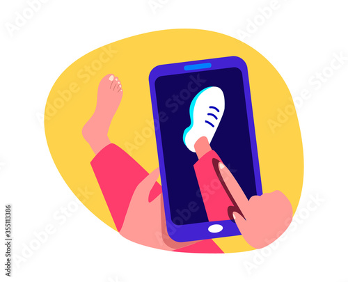 Online Shopping.Virtual Digital Fitting Image.3D Picture.Buy Clothes,Footwear,Sneakers Online.New Purchase.Consumption.Smartphonre Digital Internet Market Shop.Client Consumer.Flat Vector Illustration photo