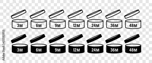 Pao signs. Pao icons. Cosmetic open month life shelf. Period after opening. Expiration period months PAO. Symbols set. Vector illustration