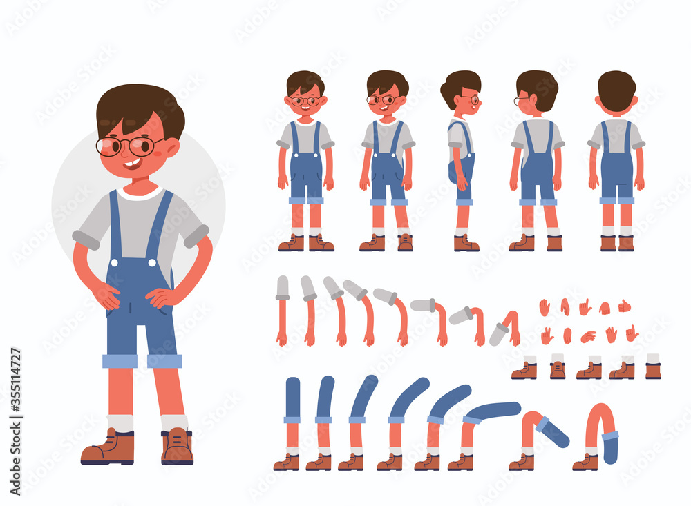 Little Boy Character Constructor for Animation.  Front, Side and Back View. Cute Kid in Trendy Clothes and Different Postures. Body Parts Collection. Flat Cartoon Vector Illustration. - obrazy, fototapety, plakaty 