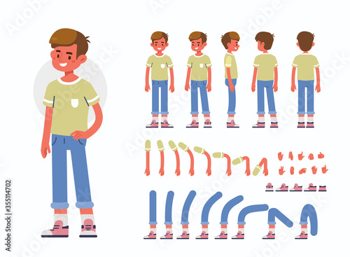 Little Boy Character Constructor for Animation.  Front, Side and Back View. Cute Kid in Trendy Clothes and Different Postures. Body Parts Collection. Flat Cartoon Vector Illustration.