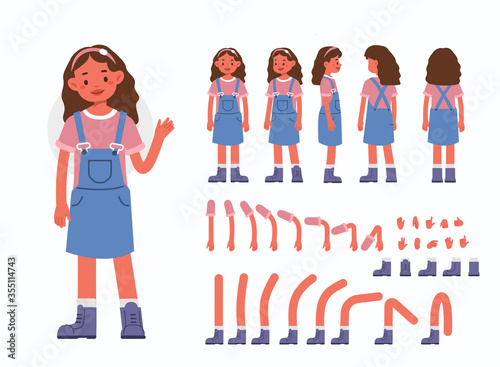 Little Girl Character Constructor for Animation.  Front, Side and Back View. Cute Kid in Trendy Clothes and Different Postures. Body Parts Collection. Flat Cartoon Vector Illustration.