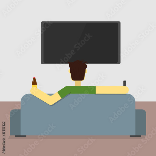Man watching tv sitting on sofa, flat design