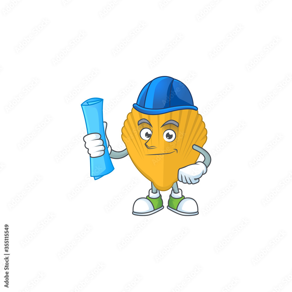 brilliant Architect yellow clamp mascot design style with blue prints and helmet