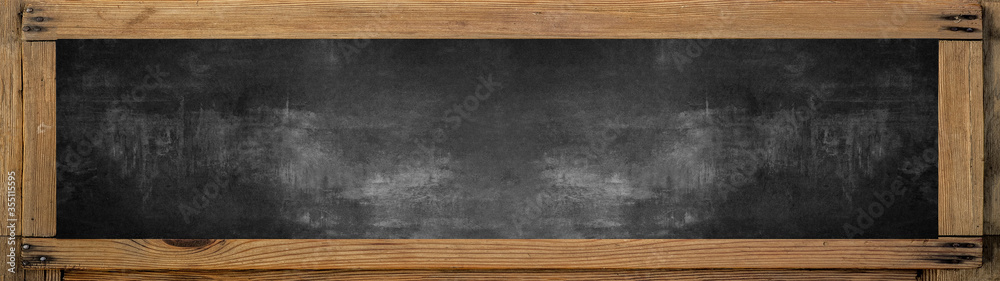 School background banner panorama - Empty blank old anthracite blackboard chalkboard texture with rustic wooden frame and space for text School background banner panorama - Empty blank old anthracite blackboard chalkboard texture with rustic wooden frame and space for text