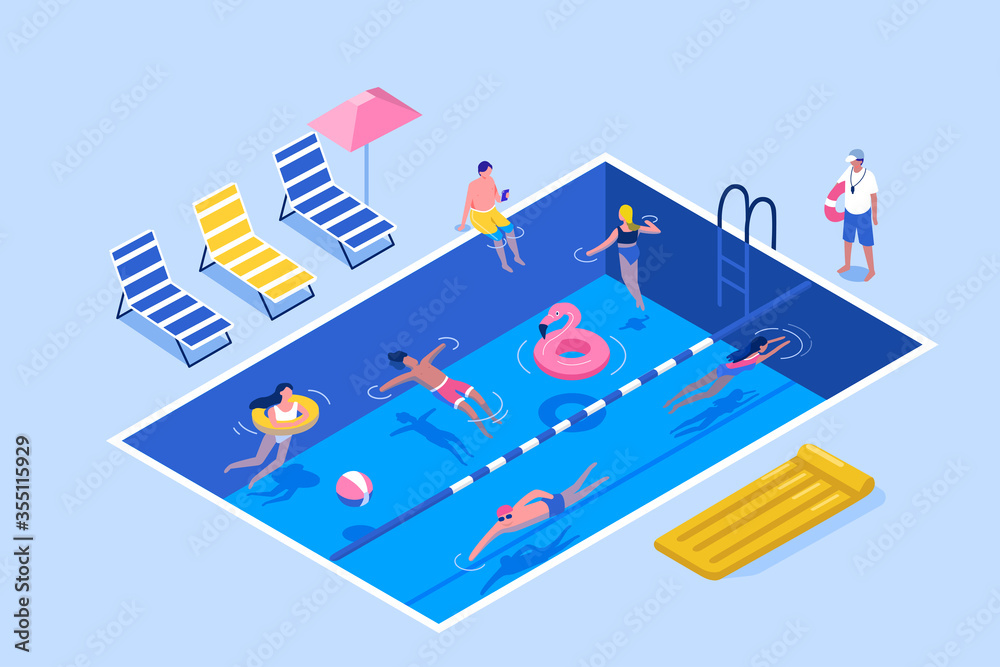 People Characters Swimming in Public Swimming Pool in Summer. Man and Woman wearing Swimsuits Sunbathing,  Lying and Floating on Water. Summer Vacation Concept. Flat Isometric Vector Illustration. 