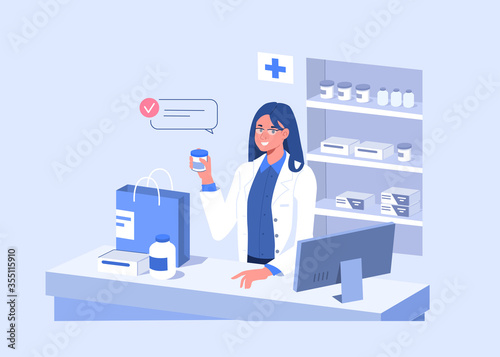 Doctor Pharmacist Standing at Cashier Desk and Holding Medicament. Near Standing Shopping Bag with Pills and Bottles. Purchases in Pharmacy Store Concept. Flat Cartoon Vector Illustration. 