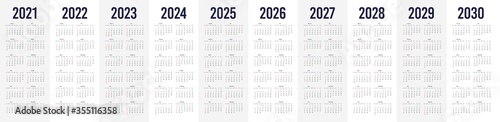 Simple calendar set for 2021 - 2030 years. Simple editable vertical vector calender photo