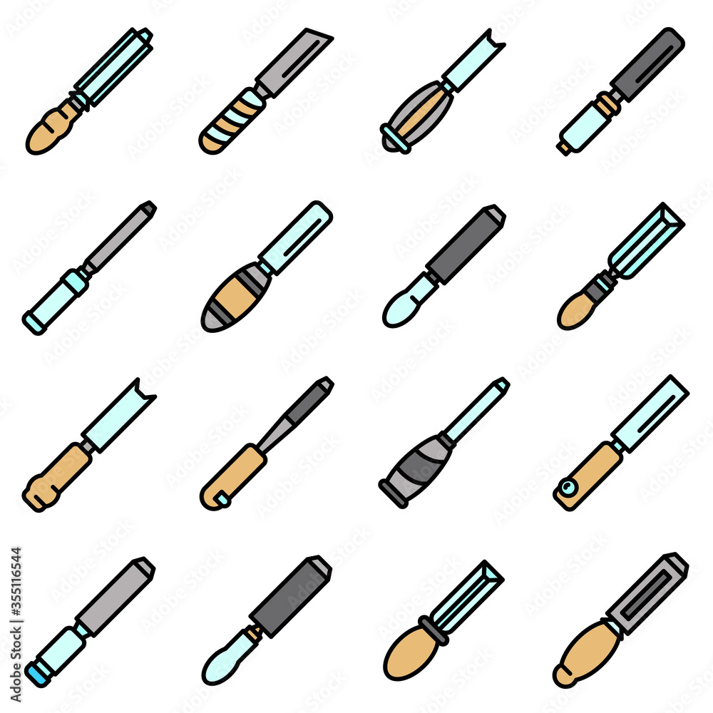 Chisel icons set. Outline set of chisel vector icons for web design isolated on white background