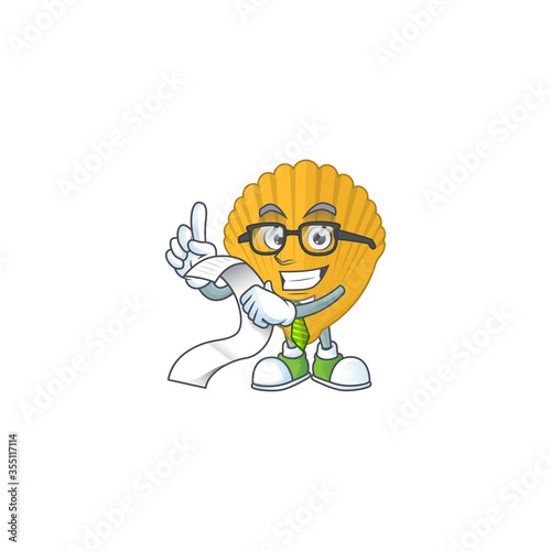 cartoon mascot design of yellow clamp holding a menu list