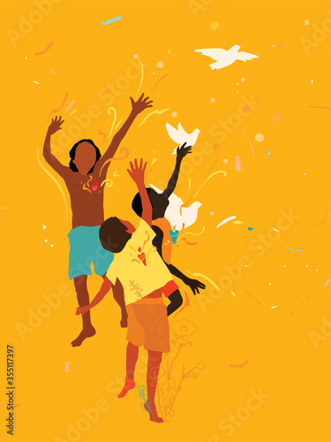 Happy children of different races playing with each other. The conception of freedom, peace, and friendship. Kids and the white dove of peace. Hand drawn illustration. 