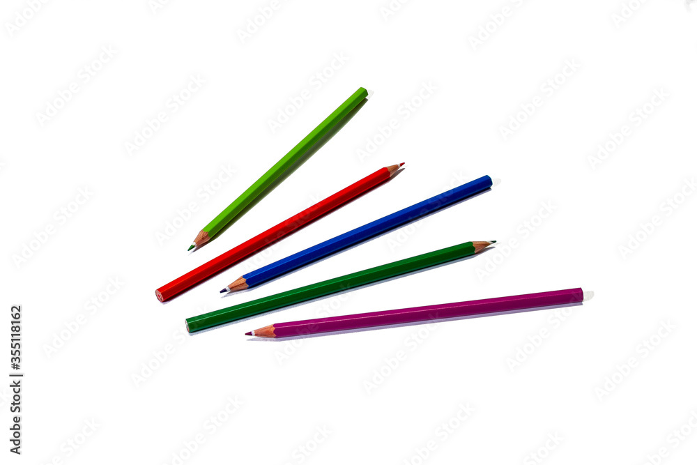 5 colored pencils laid out on a white background. Isolate. 5 colored pencils laid out on a white background. Isolate.